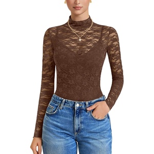 Avidlove Womens Long Sleeve Bodysuit Lace Tops Turtle Neck Shapewear Body Suits Going Out Top Fall Outfits Two Piece Set(Brown)