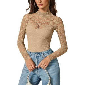 Avidlove Womens Long Sleeve Bodysuit Lace Tops Turtle Neck Shapewear Body Suits Going Out Top Fall Outfits Two Piece Set(Champagne)