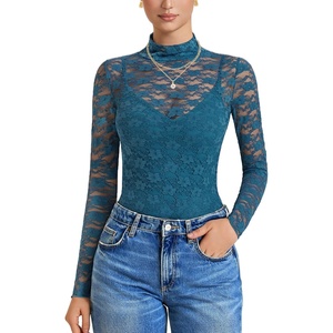 Avidlove Womens Long Sleeve Bodysuit Lace Tops Turtle Neck Shapewear Body Suits Going Out Top Fall Outfits Two Piece Set(Deep Blue)