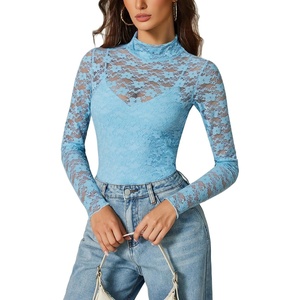 Avidlove Womens Long Sleeve Bodysuit Lace Tops Turtle Neck Shapewear Body Suits Going Out Top Fall Outfits Two Piece Set(Light Blue)