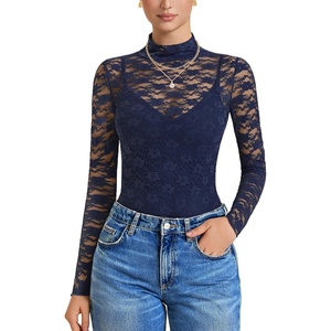 Avidlove Womens Long Sleeve Bodysuit Lace Tops Turtle Neck Shapewear Body Suits Going Out Top Fall Outfits Two Piece Set(Navy Blue)