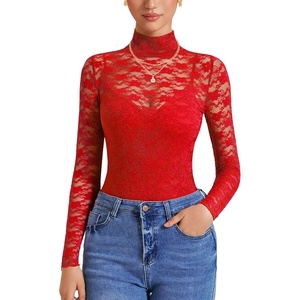 Avidlove Womens Long Sleeve Bodysuit Lace Tops Turtle Neck Shapewear Body Suits Going Out Top Fall Outfits Two Piece Set(Red)