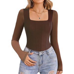 Avidlove Women’s Long Sleeve Bodysuits Square Neck One Piece Body Suit Mesh Leotard Tops Double Lined Soft(Brown)