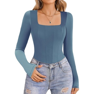 Avidlove Women’s Long Sleeve Bodysuits Square Neck One Piece Body Suit Mesh Leotard Tops Double Lined Soft(Dark Blue)
