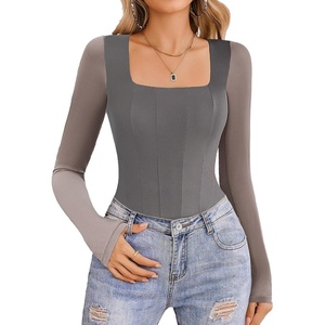 Avidlove Women’s Long Sleeve Bodysuits Square Neck One Piece Body Suit Mesh Leotard Tops Double Lined Soft(Grey)
