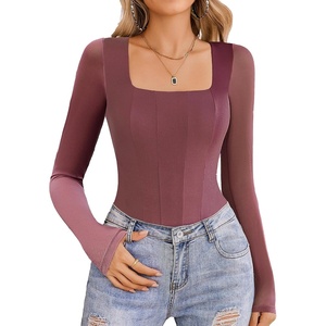 Avidlove Women’s Long Sleeve Bodysuits Square Neck One Piece Body Suit Mesh Leotard Tops Double Lined Soft(Purple Red)