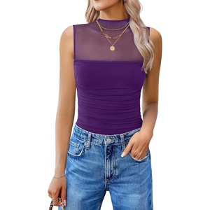 Avidlove Women’s Mock Neck Mesh Bodysuit Ruched Tank Body Suits Top Sheer One Piece Going Out Tops Classy Outfits(Dark Purple)