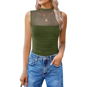 Avidlove Women’s Mock Neck Mesh Bodysuit Ruched Tank Body Suits Top Sheer One Piece Going Out Tops Classy Outfits(Olive Green)
