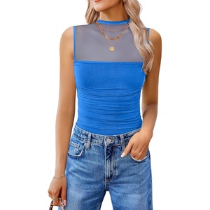 Avidlove Women’s Mock Neck Mesh Bodysuit Ruched Tank Body Suits Top Sheer One Piece Going Out Tops Classy Outfits(Sea Blue)