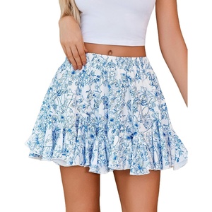 Avidlove Women’s Pleated Skirt Boho Ruffle Flowy Mini Skirts High Waisted Flared Skater Skirt Basic Outfits(Blue Rose)