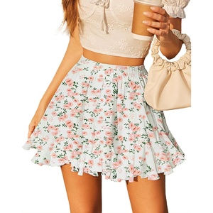 Avidlove Women’s Pleated Skirt Boho Ruffle Flowy Mini Skirts High Waisted Flared Skater Skirt Basic Outfits(White Flower)