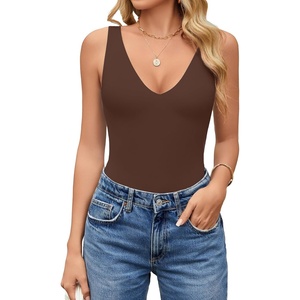 Avidlove Women’s Sexy Plunge Deep V Neck Bodysuit Double Lined Sleeveless Thong Body Suit Leotard for Going Out Tank(Brown)