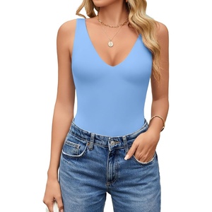 Avidlove Women’s Sexy Plunge Deep V Neck Bodysuit Double Lined Sleeveless Thong Body Suit Leotard for Going Out Tank(Light Blue)