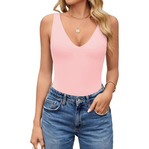 Avidlove Women’s Sexy Plunge Deep V Neck Bodysuit Double Lined Sleeveless Thong Body Suit Leotard for Going Out Tank(Light Pink)