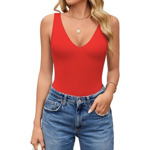 Avidlove Women’s Sexy Plunge Deep V Neck Bodysuit Double Lined Sleeveless Thong Body Suit Leotard for Going Out Tank(Red)
