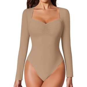 Avidlove Women’s Sexy Sweetheart Neckline Bodysuit Tops Long Sleeve Double Lined Thong Body Suits Ruched Outfits(Beige)