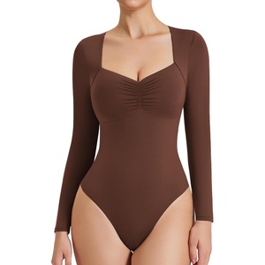 Avidlove Women’s Sexy Sweetheart Neckline Bodysuit Tops Long Sleeve Double Lined Thong Body Suits Ruched Outfits(Brown)