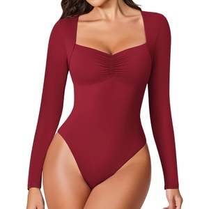 Avidlove Women’s Sexy Sweetheart Neckline Bodysuit Tops Long Sleeve Double Lined Thong Body Suits Ruched Outfits(Red)