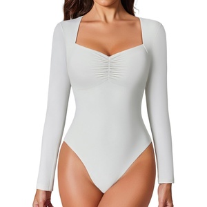 Avidlove Women’s Sexy Sweetheart Neckline Bodysuit Tops Long Sleeve Double Lined Thong Body Suits Ruched Outfits(White)