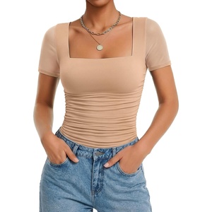 Avidlove Women’s Short Sleeve Bodysuit Square Neck Sheer Mesh Bodysuit Leotard Ruched Thong Body Date Outfits Going Out Tops(Khaki)