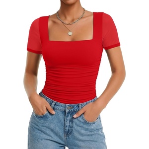 Avidlove Women’s Short Sleeve Bodysuit Square Neck Sheer Mesh Bodysuit Leotard Ruched Thong Body Date Outfits Going Out Tops(Red)