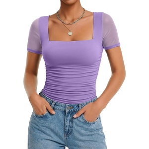Avidlove Women’s Short Sleeve Bodysuit Square Neck Sheer Mesh Bodysuit Leotard Ruched Thong Body Date Outfits Going Out Tops(Violet)