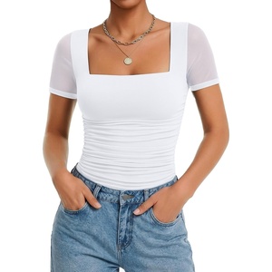 Avidlove Women’s Short Sleeve Bodysuit Square Neck Sheer Mesh Bodysuit Leotard Ruched Thong Body Date Outfits Going Out Tops(White)