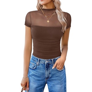 Avidlove Women’s Short Sleeve Bodysuit Turtle Neck Body Suits Mesh One Piece Leotard Going Out Tops Date Outfits(Brown)