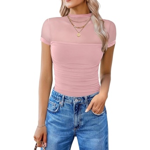 Avidlove Women’s Short Sleeve Bodysuit Turtle Neck Body Suits Mesh One Piece Leotard Going Out Tops Date Outfits(Light Pink)
