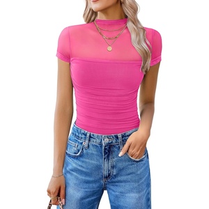 Avidlove Women’s Short Sleeve Bodysuit Turtle Neck Body Suits Mesh One Piece Leotard Going Out Tops Date Outfits(Pink)