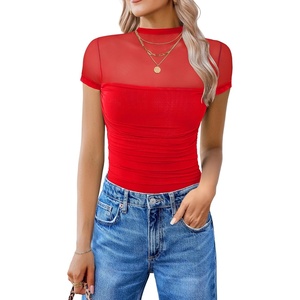 Avidlove Women’s Short Sleeve Bodysuit Turtle Neck Body Suits Mesh One Piece Leotard Going Out Tops Date Outfits(Red)