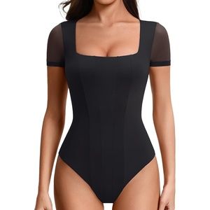 Avidlove Women’s Short Sleeve Bodysuits Sexy Square Neck Body Suit Mesh Double Lined Tshirt Leotard Tops Going Out(Black)