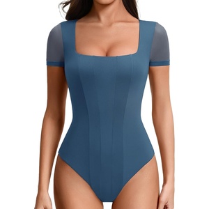 Avidlove Women’s Short Sleeve Bodysuits Sexy Square Neck Body Suit Mesh Double Lined Tshirt Leotard Tops Going Out(Dark Blue)