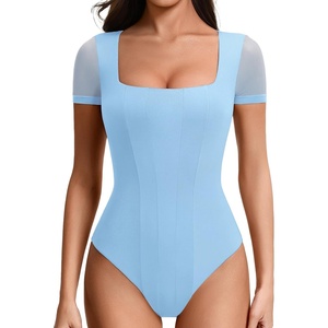Avidlove Women’s Short Sleeve Bodysuits Sexy Square Neck Body Suit Mesh Double Lined Tshirt Leotard Tops Going Out(Light Blue)