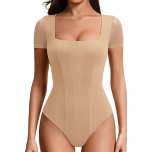 Avidlove Women’s Short Sleeve Bodysuits Sexy Square Neck Body Suit Mesh Double Lined Tshirt Leotard Tops Going Out(Nude)