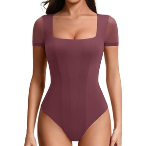 Avidlove Women’s Short Sleeve Bodysuits Sexy Square Neck Body Suit Mesh Double Lined Tshirt Leotard Tops Going Out(Purple Red)