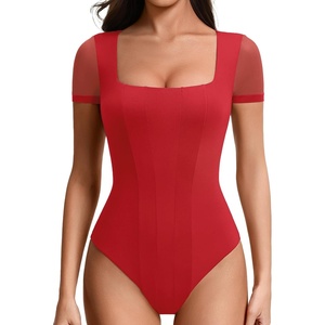 Avidlove Women’s Short Sleeve Bodysuits Sexy Square Neck Body Suit Mesh Double Lined Tshirt Leotard Tops Going Out(Red)