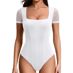 Avidlove Women’s Short Sleeve Bodysuits Sexy Square Neck Body Suit Mesh Double Lined Tshirt Leotard Tops Going Out(White)