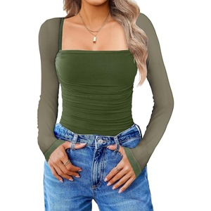 Avidlove Women’s Square Neck Mesh Long Sleeve Bodysuit Shirts Ruched Body Suit Sexy Sheer Tops Date Night Outfit(Army Green)