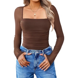Avidlove Women’s Square Neck Mesh Long Sleeve Bodysuit Shirts Ruched Body Suit Sexy Sheer Tops Date Night Outfit(Brown)