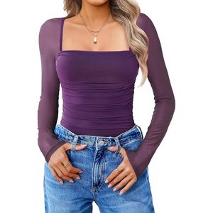 Avidlove Women’s Square Neck Mesh Long Sleeve Bodysuit Shirts Ruched Body Suit Sexy Sheer Tops Date Night Outfit(Dark Purple)