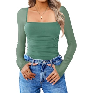 Avidlove Women’s Square Neck Mesh Long Sleeve Bodysuit Shirts Ruched Body Suit Sexy Sheer Tops Date Night Outfit(Grey Green)