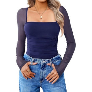 Avidlove Women’s Square Neck Mesh Long Sleeve Bodysuit Shirts Ruched Body Suit Sexy Sheer Tops Date Night Outfit(Navy Blue)
