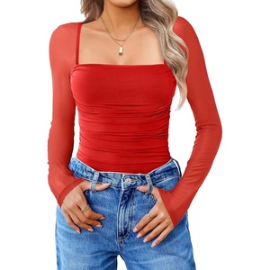 Avidlove Women’s Square Neck Mesh Long Sleeve Bodysuit Shirts Ruched Body Suit Sexy Sheer Tops Date Night Outfit(Red)