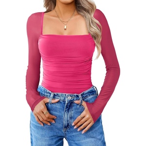 Avidlove Women’s Square Neck Mesh Long Sleeve Bodysuit Shirts Ruched Body Suit Sexy Sheer Tops Date Night Outfit(Rose Red)