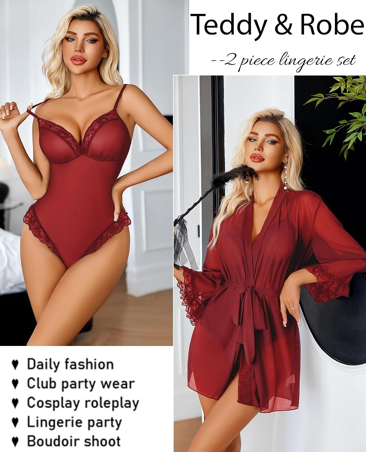 image:imageAvidlove Lingerie for Women Sexy Lace Bodysuit Robe Set 2 Piece Mesh Teddy Kimonos Sleepwear Boudoir Outfits SXXLWine Red