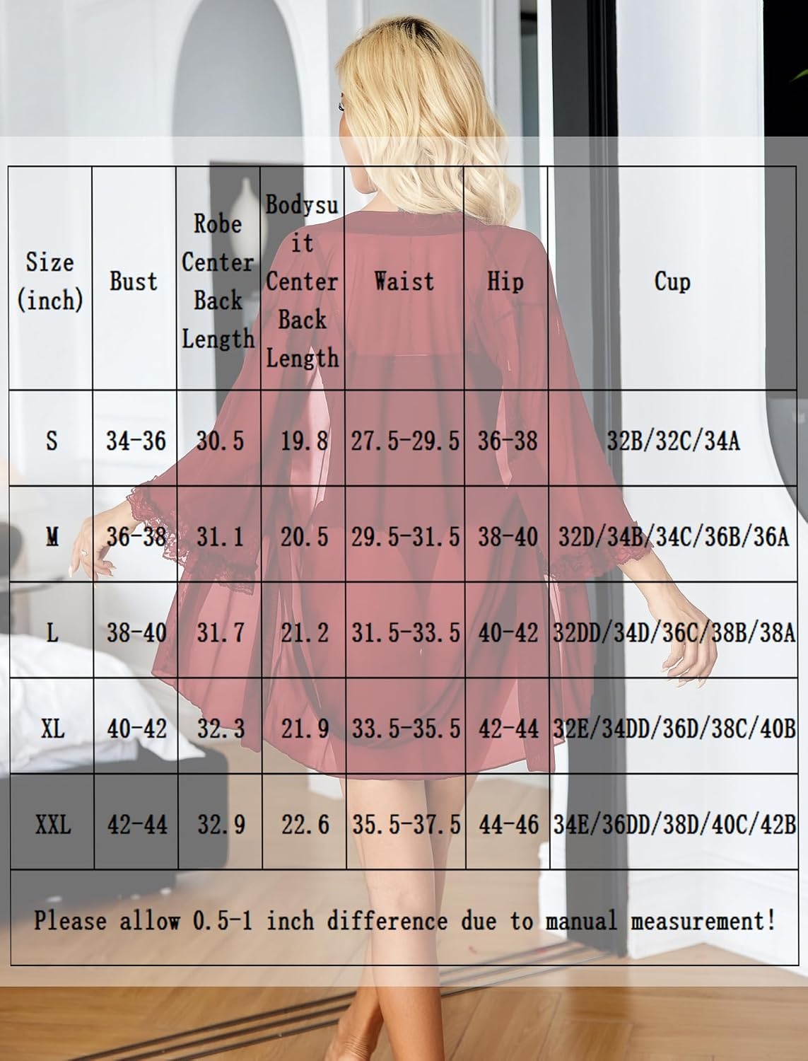image:imageAvidlove Lingerie for Women Sexy Lace Bodysuit Robe Set 2 Piece Mesh Teddy Kimonos Sleepwear Boudoir Outfits SXXLWine Red