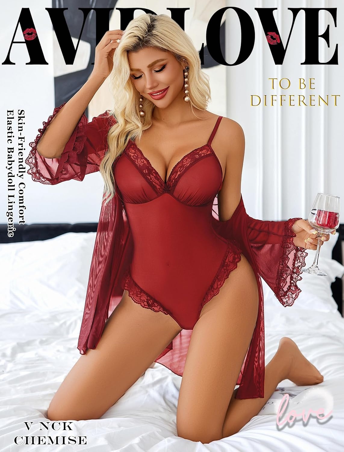 image:imageAvidlove Lingerie for Women Sexy Lace Bodysuit Robe Set 2 Piece Mesh Teddy Kimonos Sleepwear Boudoir Outfits SXXLWine Red