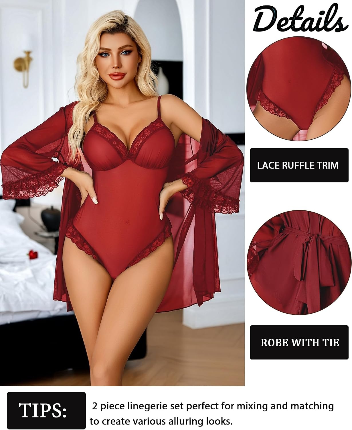 image:imageAvidlove Lingerie for Women Sexy Lace Bodysuit Robe Set 2 Piece Mesh Teddy Kimonos Sleepwear Boudoir Outfits SXXLWine Red