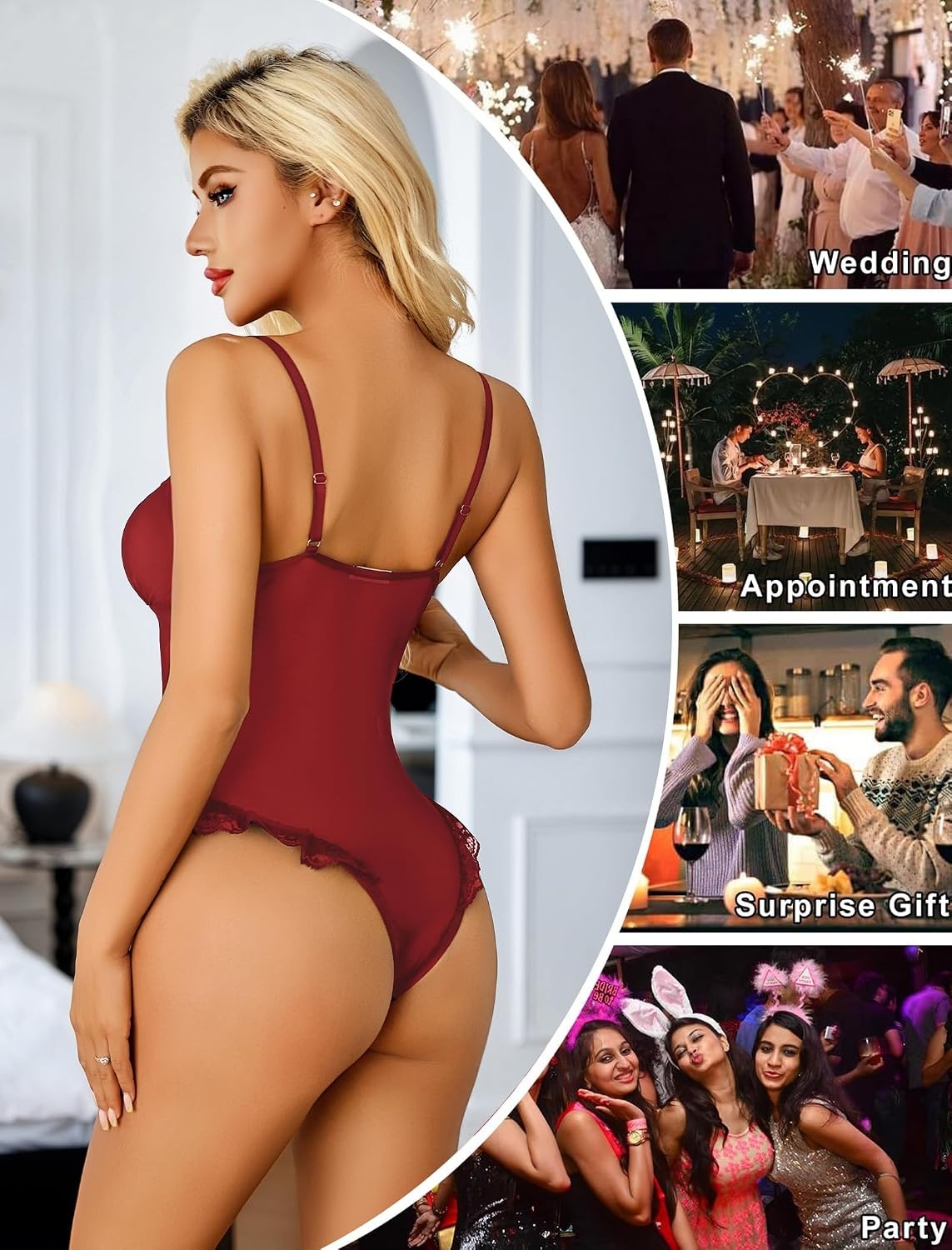 image:imageAvidlove Lingerie for Women Sexy Lace Bodysuit Robe Set 2 Piece Mesh Teddy Kimonos Sleepwear Boudoir Outfits SXXLWine Red
